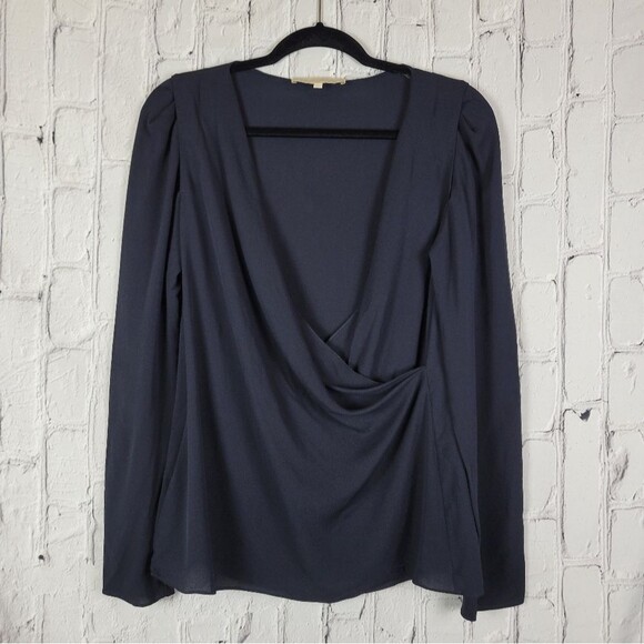 Vanessa Bruno solid black silk long sleeve cross drapey faux wrap blouse top - Picture 4 of 9